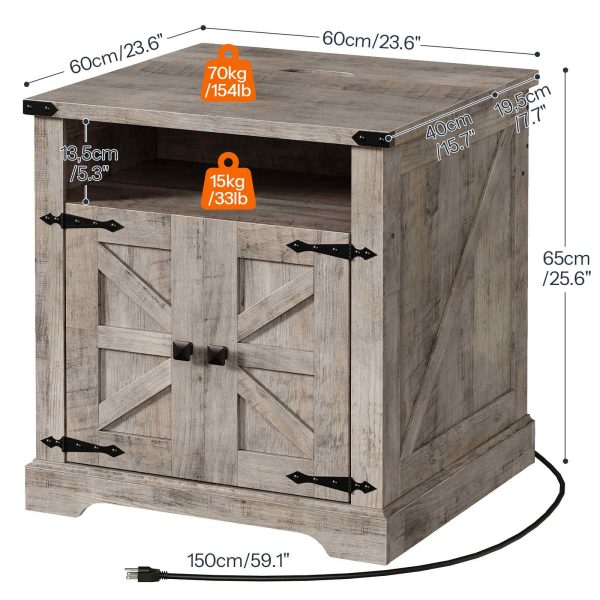 Farmhouse End Table with Charging Station, 60cm Large End Table for Living Room, Sofa Side Table with Barn Door, Wooden Square Nightstand Bedside Table with Flip Top, Grey