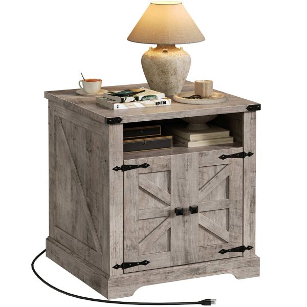 Farmhouse End Table with Charging Station, 60cm Large End Table for Living Room, Sofa Side Table with Barn Door, Wooden Square Nightstand Bedside Table with Flip Top, Grey
