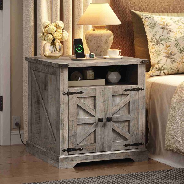 Farmhouse End Table with Charging Station, 60cm Large End Table for Living Room, Sofa Side Table with Barn Door, Wooden Square Nightstand Bedside Table with Flip Top, Grey