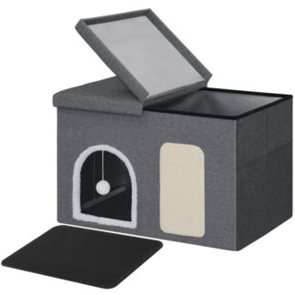 Kedi Çöp Kutusu Muhafazası, Tırmalama Tahtalı Kedi Tuvalet Mobilyası, Katlanabilir Kapaklı ve Kedi Oyuncaklı Gizli Çöp Kutusu Muhafaza Mobilyası, Su geçirmez, Kolay Montaj, Gri