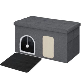 Kedi Çöp Kutusu Muhafazası, 35.4" Gizli Çöp Kutusu Muhafazası, Kedi Matlı Kedi Kumu Mobilyası, Tırmalama Tahtası ve Kedi Oyuncağı Dahil, Su geçirmez, Kolay Montaj, Gri