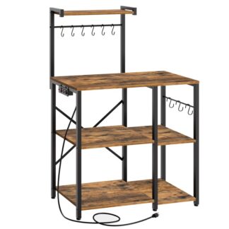 bakers rack with power outlets, coffee bar, 4-tier microwave stand with 9 s-shaped hooks, kitchen storage rack, kitchen shelf, for kitchen, dining room, living room, rustic brown