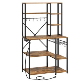 large bakers rack with power outlets, 65.4" microwave stand for kitchen, coffee bar with storage shelves and pull-out basket, 6-tier kitchen shelf with hooks, rustic brown and black