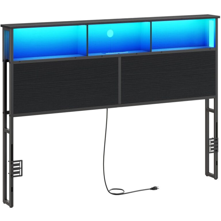 Queensize hoofdeinde, Hoofdbord met 2 Oplaadpunt, LED -lichten, Type-A en Type C, Industrieel hoofdeinde met opslag, Hoogte verstelbaar, Zwart