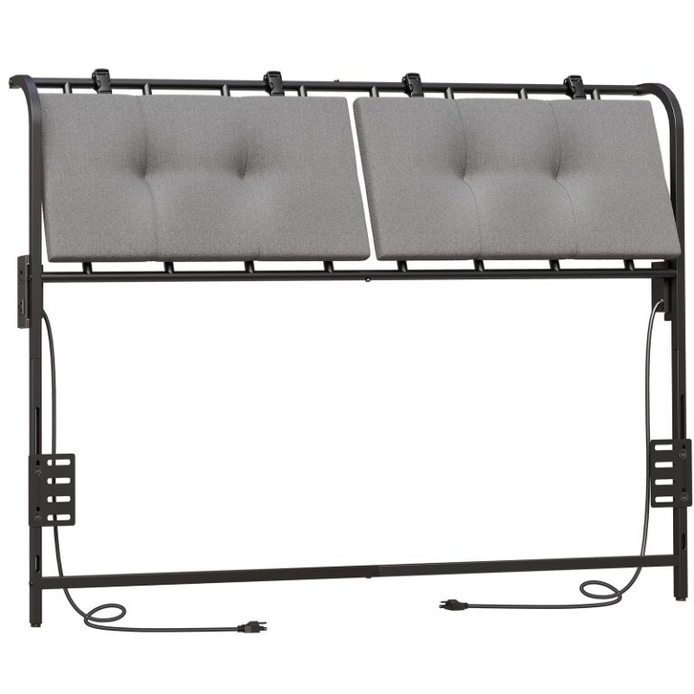 testiera matrimoniale, testiera imbottita con 2 stazioni di ricarica, Struttura della cornice metallica, rivestimento in lino regolabile con dispositivo di fissaggio, Adattatore del telaio del letto incluso, nero e grigio