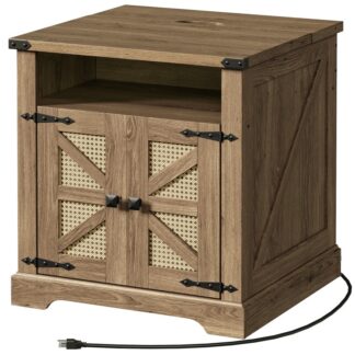 Farmhouse End Table with Charging Station, Flip Top Large End Table, 24" Large Sofa Side Table with Rattan Barn Door, Square Nightstand with Open Storage, for Living Room, Tan Brown