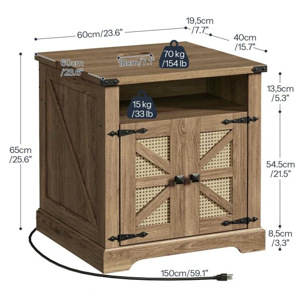 Farmhouse Flip-Top End Table with Charging Station, Tan Brown 60cm Square Side Table with Rattan Barn Door, Open Storage Nightstand for Living Room