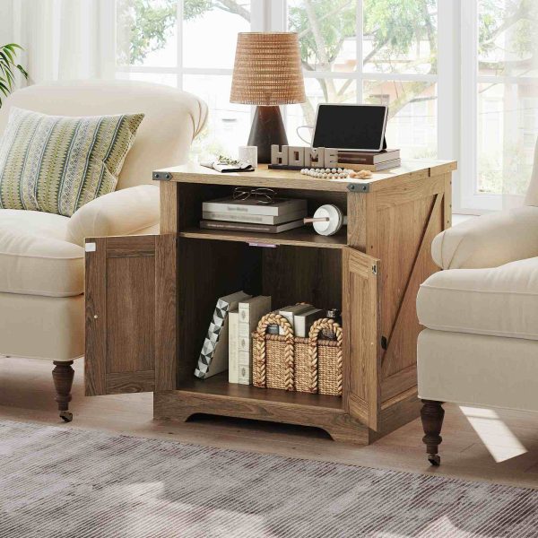 Farmhouse Flip-Top End Table with Charging Station, Tan Brown 60cm Square Side Table with Rattan Barn Door, Open Storage Nightstand for Living Room