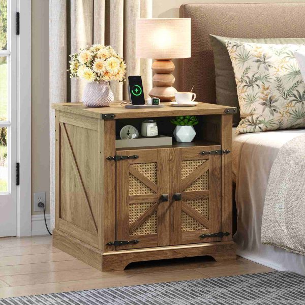 Farmhouse Flip-Top End Table with Charging Station, Tan Brown 60cm Square Side Table with Rattan Barn Door, Open Storage Nightstand for Living Room