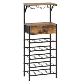 Viinitornin vapaasti seisova kerros, 20-Pullo baarikaappi, 5-Tason viinin säilytysteline, viinilasitelineiden kanssa, Kuitukangaslaatikko, ruokasalille, Olohuone, Maalaismainen ruskea ja musta