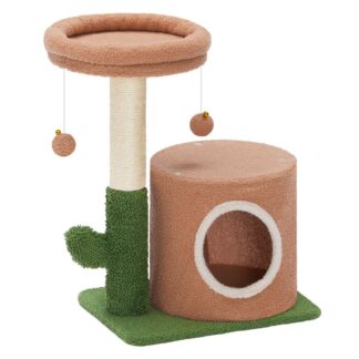 Drzewo kotów dla kotów wewnętrznych, wieża kaktusowa dla kocięta pod 8 funty, Mały domek na drzewie z kota z drapaniem, Plush Cat Condo z widokiem, zwisające dzwonki, Ziemia Brown