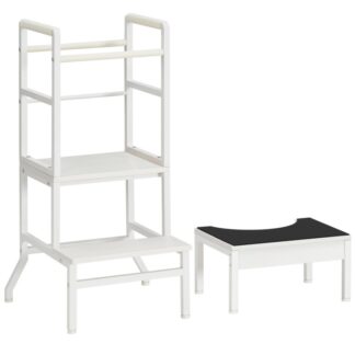 Παιδικό σκαμπό κουζίνας με ράγα ασφαλείας και σκαμπό τουαλέτας, 2-σε-1 Σκαμπό κουζίνας για νήπια Standing Tower και σκαμπό για παιδιά, Βοηθός εκμάθησης νηπίων για 18+ Μήνας, Λευκό