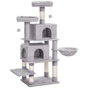 cat tower for large cats, 21.7 x 17.7 x 63 inches cat tree with 2 plush condos and sisal-covered scratching posts, release the nature of cats, stable house with anti-toppling kit, light gray
