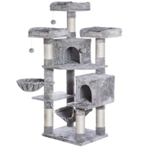 tall cat tree for large cats, multi-level cat activity tree with 2 plush condos, sisal scratching posts, hammock, basket for large cat, stable cat tower with anti-toppling kit, light gray
