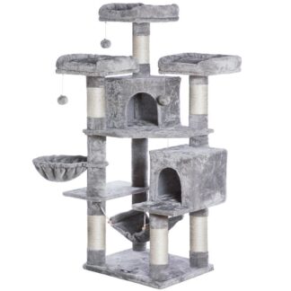 شجرة قطط طويلة للقطط الكبيرة, شجرة نشاط القط متعددة المستويات مع 2 الشقق الفخمة, وظائف الخدش السيزال, أرجوحة, سلة للقط الكبيرة, برج قط مستقر مع طقم مضاد للمعالجة, رمادي فاتح