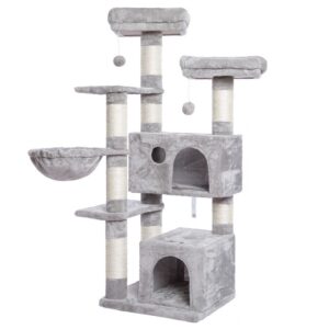 cat tower, cat tree with 2 plush condos and sisal scratching posts, cat tower furniture for kitten and pet, release the nature of cats, stable house with anti-toppling kit, light gray
