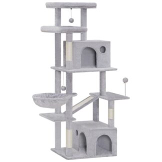 Drapak dla kotów domowych, 65.4 Wysoki na cale drapak dla kota, Duża wieża dla kotów dla dorosłych kotów, Wielopoziomowe mieszkanie dla kota z drapakami, 2 Szerokie okonie, 2 Domki na drzewie dla kotów, Jasnoszary