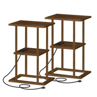 Set van 2 Bamboe bijzettafels met laadstation, 2-Kleine bijzettafels met opbergplanken, Bamboe nachtkastjes, Eenvoudige montage, voor Woonkamer, Slaapkamer, Kantoor, Mokka