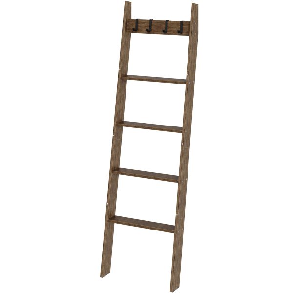 5-Tier Blanket Ladder, Wall-Leaning Towel Rack with 4 Removable Hooks, Bamboo Decorative Shelf for Living Room, Bedroom & Bathroom, Farmhouse Storage, Mocha