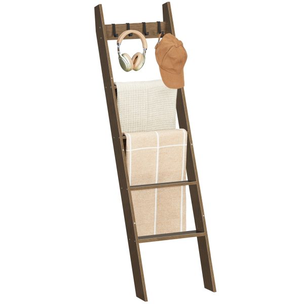 5-Tier Blanket Ladder, Wall-Leaning Towel Rack with 4 Removable Hooks, Bamboo Decorative Shelf for Living Room, Bedroom & Bathroom, Farmhouse Storage, Mocha