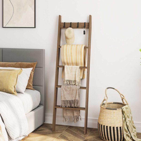 5-Tier Blanket Ladder, Wall-Leaning Towel Rack with 4 Removable Hooks, Bamboo Decorative Shelf for Living Room, Bedroom & Bathroom, Farmhouse Storage, Mocha