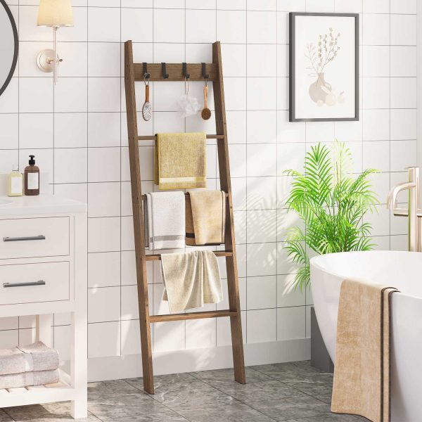 5-Tier Blanket Ladder, Wall-Leaning Towel Rack with 4 Removable Hooks, Bamboo Decorative Shelf for Living Room, Bedroom & Bathroom, Farmhouse Storage, Mocha