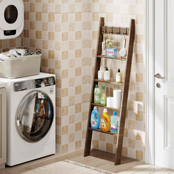 5-Tier Blanket Ladder, Wall-Leaning Towel Rack with 4 Removable Hooks, Bamboo Decorative Shelf for Living Room, Bedroom & Bathroom, Farmhouse Storage, Mocha