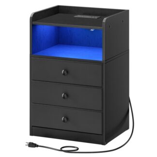 nightstand with charging station and led light, side table with 3 fabric drawers chest, end table with usb ports and outlet, bedside table for living room, bedroom, black