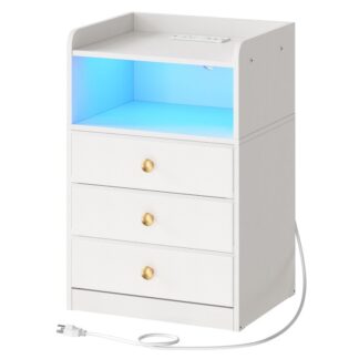 nightstand with charging station and led light, end table with 3 fabric drawers chest, bedside table with usb ports and outlet, side table for living room, bedroom, white