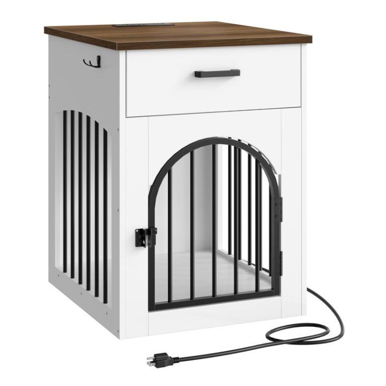 Witte en walnoothonden kratmeubels, Houten hondenhuis met laadstation en opslaglade, Binnen huisdier krat eindtafel voor kleine rassen, voor Woonkamer, Slaapkamer