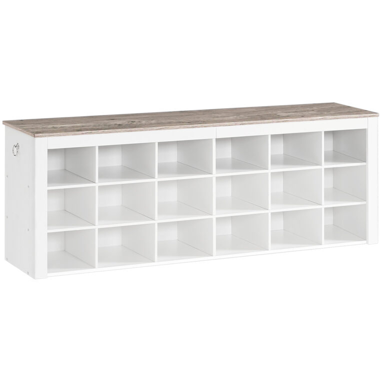 banco de zapatos, 18-Banco de almacenamiento de zapatos de cubos, Banco de entrada con compartimentos, 55.1" Banco, Banco con almacenamiento de zapatos para la entrada, Pasillo, Sala de estar, Dormitorio, Blanco y gris