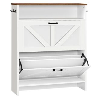 خزانة الأحذية مع 2 أدراج الوجه, خزانة تخزين الأحذية للمدخل, منظم خزانة الأحذية القائم بذاته مع السنانير والتخزين المفتوح, خزانة رف أحذية المزرعة, اللون البني الريفي الأبيض