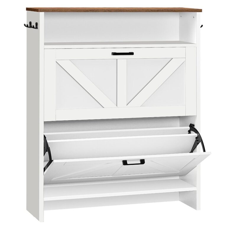 خزانة الأحذية مع 2 أدراج الوجه, خزانة تخزين الأحذية للمدخل, منظم خزانة الأحذية القائم بذاته مع السنانير والتخزين المفتوح, خزانة رف أحذية المزرعة, اللون البني الريفي الأبيض