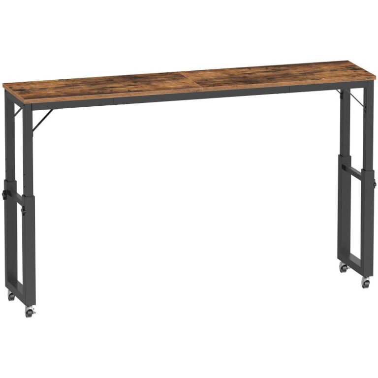 Rustiek bruin overbedtafel met wielen verstelbare hoogte, Retro -rollentafel, Mobiel bedd bureau voor queensize bed, Computerbureau met tiltstandaard, Boekenplank, Bekerhouder, Haken