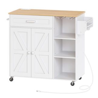 kitchen island cart with storage, rolling island cart with dual-door cabinet, kitchen island table with 3 ac outlets, with spice rack mobile kitchen storage islands, white and natural