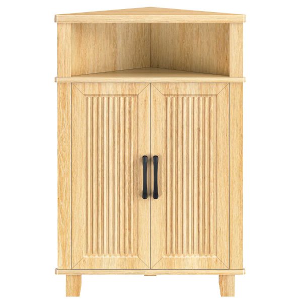 Natural Wooden Fluted Corner Storage Cabinet, Modern Multifunctional Corner Cabinet with Door, Suitable for Bathroom, Kitchen, Entryway and Living Room