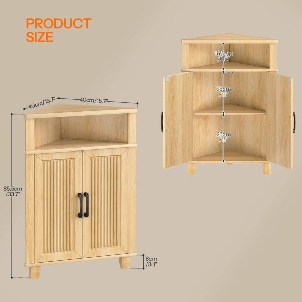 Natural Wooden Fluted Corner Storage Cabinet, Modern Multifunctional Corner Cabinet with Door, Suitable for Bathroom, Kitchen, Entryway and Living Room