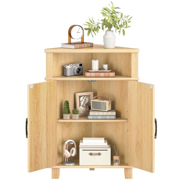 Natural Wooden Fluted Corner Storage Cabinet, Modern Multifunctional Corner Cabinet with Door, Suitable for Bathroom, Kitchen, Entryway and Living Room