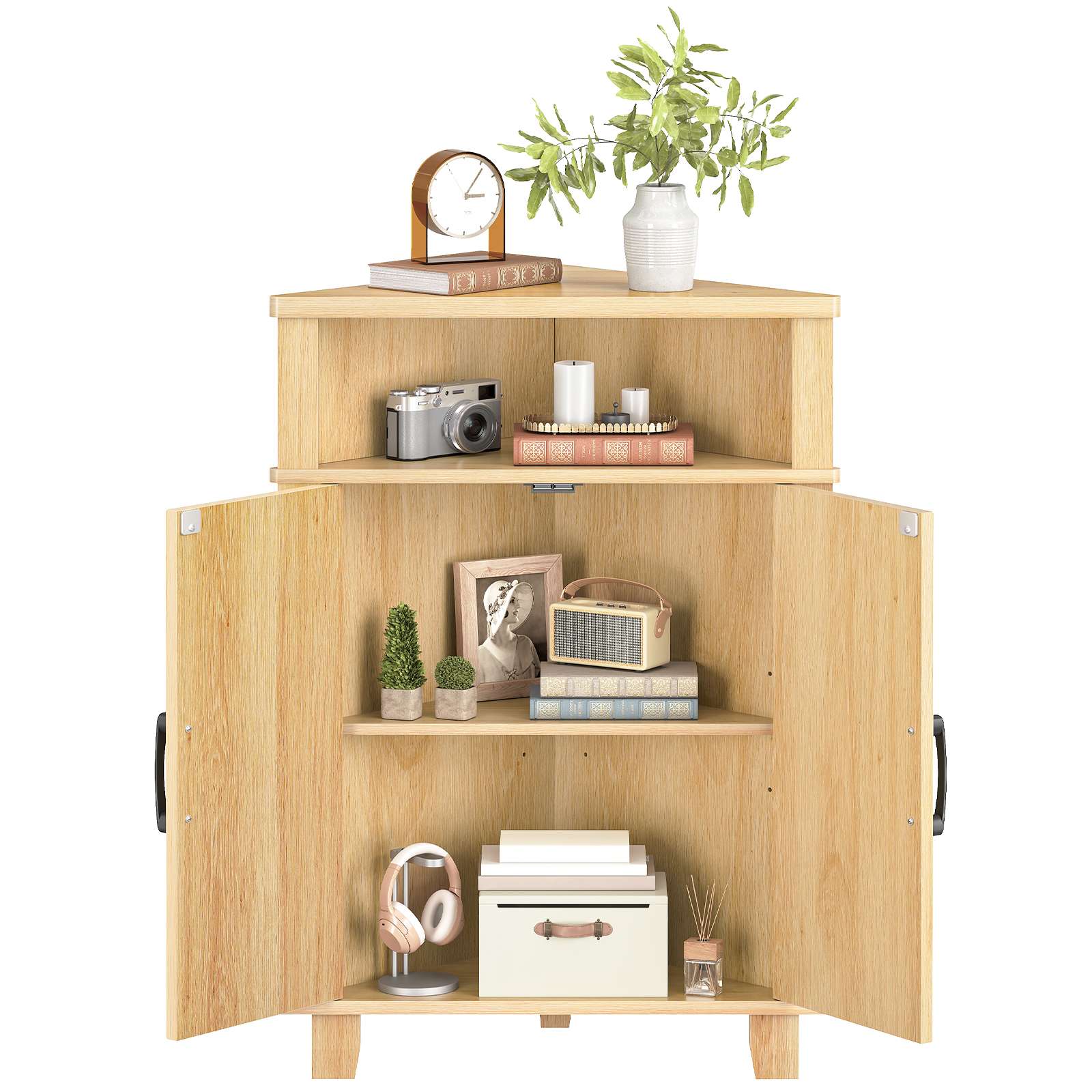 Natural Wooden Fluted Corner Storage Cabinet, Modern Multifunctional Corner Cabinet with Door, Suitable for Bathroom, Kitchen, Entryway and Living Room