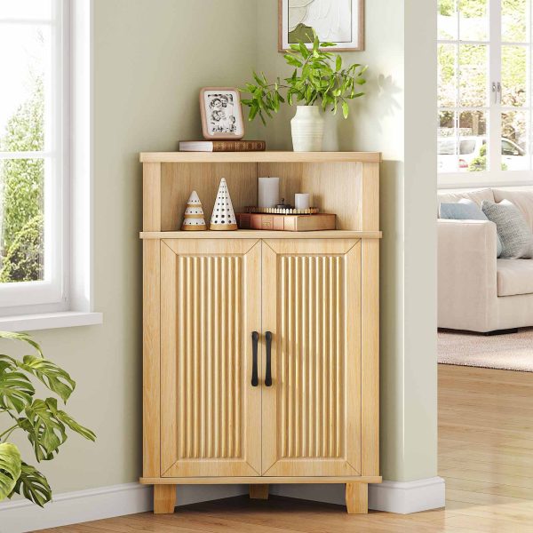 Natural Wooden Fluted Corner Storage Cabinet, Modern Multifunctional Corner Cabinet with Door, Suitable for Bathroom, Kitchen, Entryway and Living Room