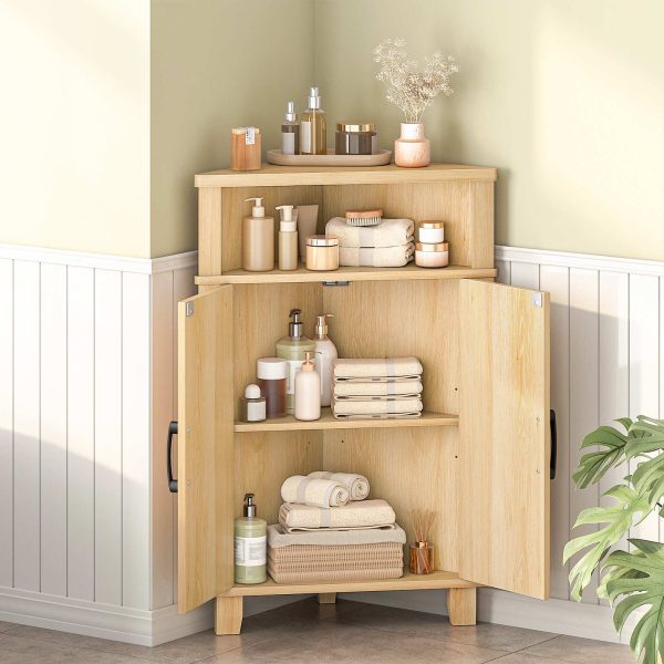 Natural Wooden Fluted Corner Storage Cabinet, Modern Multifunctional Corner Cabinet with Door, Suitable for Bathroom, Kitchen, Entryway and Living Room