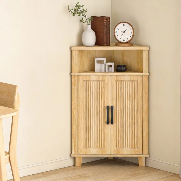 Natural Wooden Fluted Corner Storage Cabinet, Modern Multifunctional Corner Cabinet with Door, Suitable for Bathroom, Kitchen, Entryway and Living Room