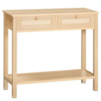 Rattanartiger schmaler Konsolentisch mit 2 Schubladen, 31.5-Zoll-Sofatisch mit Stauraum, Offener und versteckter Stauraum, Gewebte Dekoration, für Flur und Foyer, Natürlich