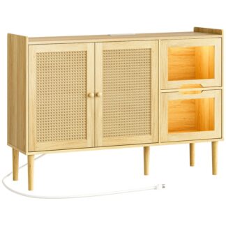 خزانة بوفيه مع منفذ الطاقة, 47.2" خزانة تخزين جانبية للمطبخ & ضوء LED, أبواب ديكور الروطان, طاولة وحدة تحكم لخزانة بار القهوة لدخول الردهة, طبيعي