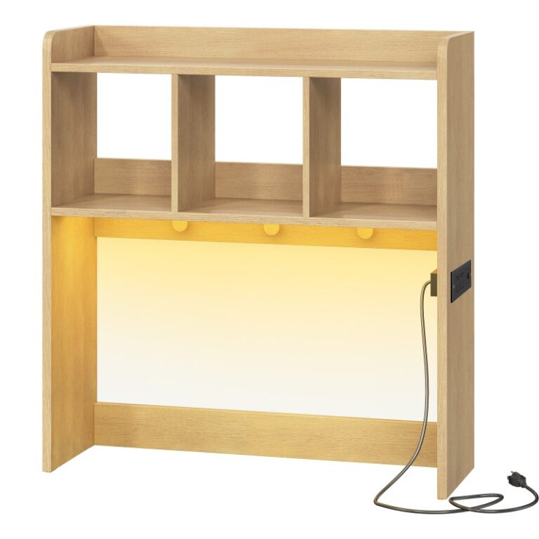 Natuurlijke houten bureaublad boekenplank, Kantoor bureaubladplank, Desk Hutch met verkooppunten, Houten bureaublad boekenkast, Desktop -organisator plank met LED -lichtstrip en 3 Haken, voor thuis, Studie