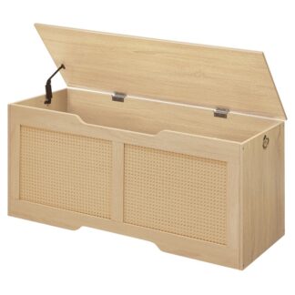 Banc de rangement HOOBRO, 43.3" Toy Box, Coffre de rangement en rotin, Supports de banc d'entrée robustes Coffre à jouetsoy Chest, Charnière de sécurité, Ouverture en forme de U, Assemblage facile, Naturel
