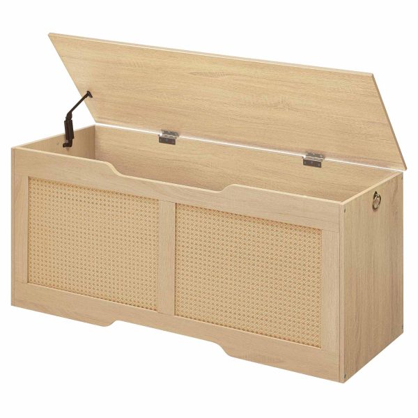 مقعد تخزين بسطح يشبه الروطان, صندوق تخزين متعدد الوظائف, حامل مقعد قوي للمدخل يصل إلى 100 كجم, مفصلة السلامة & افتتاح على شكل حرف U, تجميع سهل, طبيعي