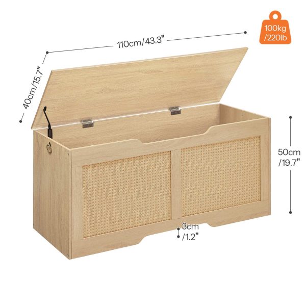 مقعد تخزين بسطح يشبه الروطان, صندوق تخزين متعدد الوظائف, حامل مقعد قوي للمدخل يصل إلى 100 كجم, مفصلة السلامة & افتتاح على شكل حرف U, تجميع سهل, طبيعي