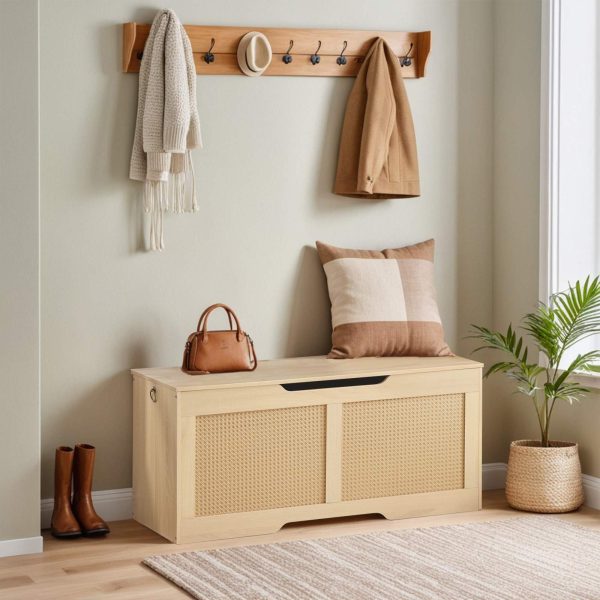 مقعد تخزين بسطح يشبه الروطان, صندوق تخزين متعدد الوظائف, حامل مقعد قوي للمدخل يصل إلى 100 كجم, مفصلة السلامة & افتتاح على شكل حرف U, تجميع سهل, طبيعي