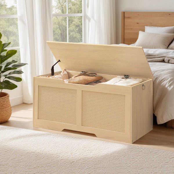 مقعد تخزين بسطح يشبه الروطان, صندوق تخزين متعدد الوظائف, حامل مقعد قوي للمدخل يصل إلى 100 كجم, مفصلة السلامة & افتتاح على شكل حرف U, تجميع سهل, طبيعي